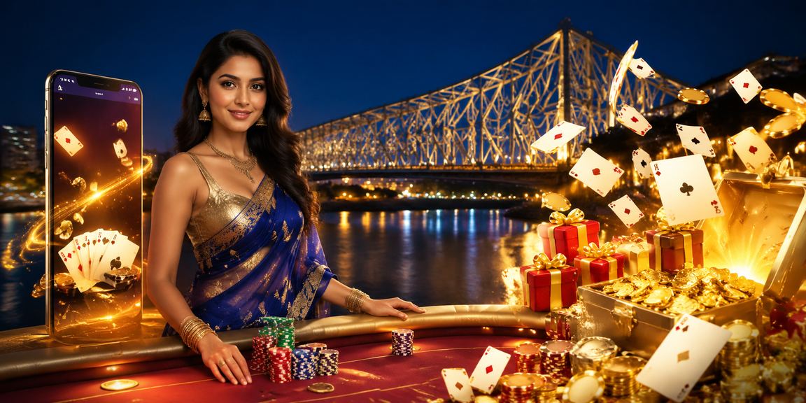 Live casino dealer dealing rummy cards with vibrant Kolkata backdrop